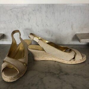 TALBOTS Linen Gold Cross Toe Jute Slingback Wedge Sandals 9 1/2M